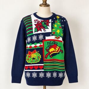JEM Ugly Christmas Sweater Medium Unisex Holiday Patchwork Tree Snowflake 2014